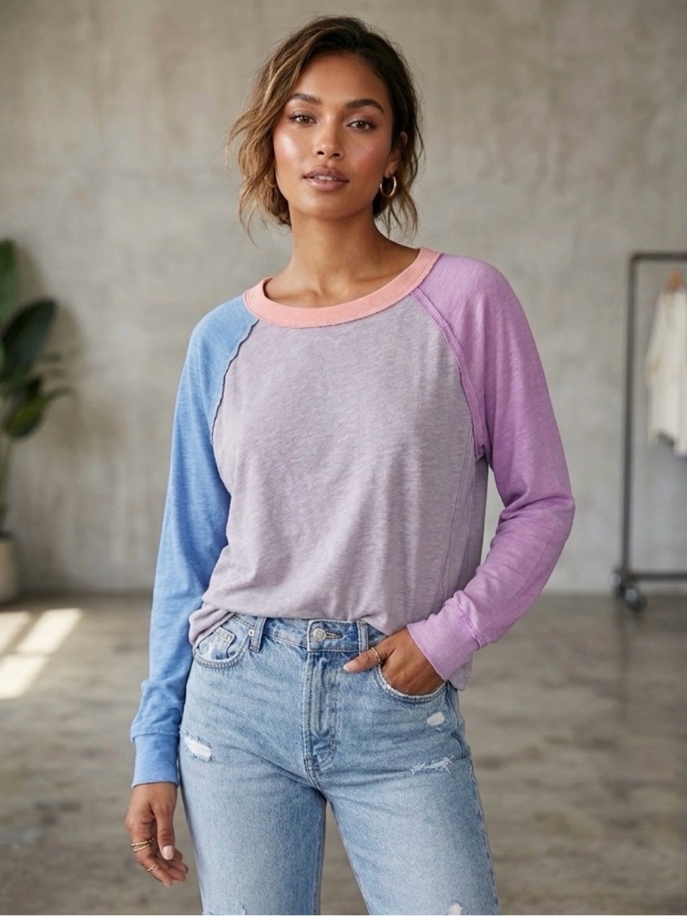 Easel Los Angeles Colorblock Raglan Long Sleeve Shirt Pastel Multicolor Size S